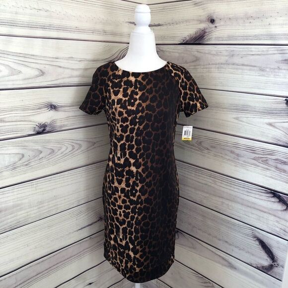 Bar III Brown & Black Short Sleeve Leopard Print Dress Medium NWT - Picture 1 of 5